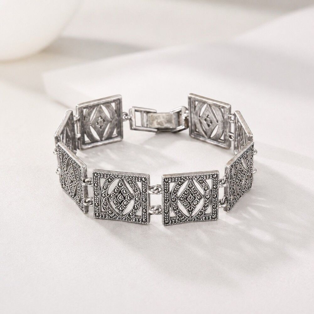 Vintage Sterling Silver Marcasite Bracelet Art Deco Geometric Panel Link 925